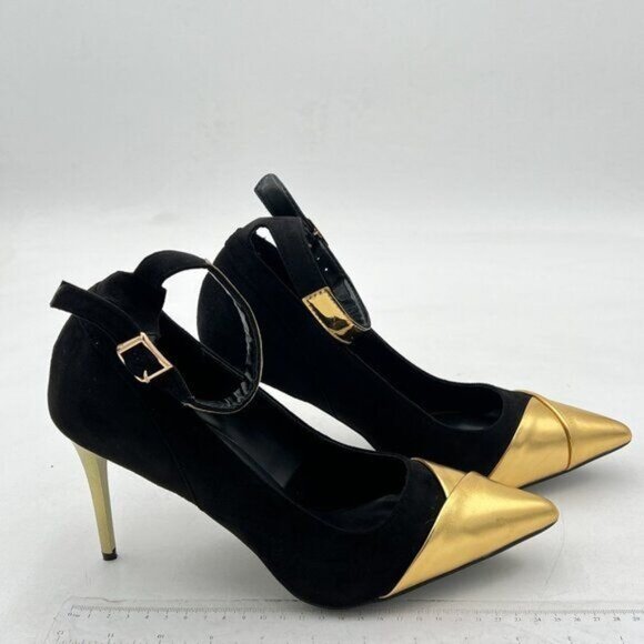 FSJ Women Metal Cap Pointed Toe High Heel Pumps Sexy Gold Stiletto  Black - Picture 3 of 6